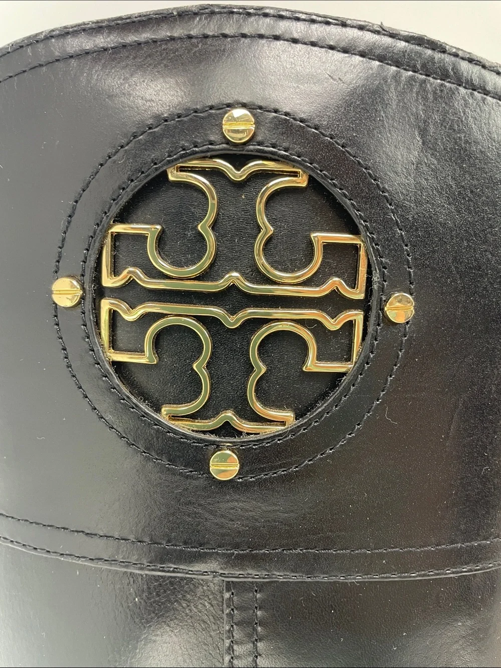 Tory Burch Black Leather Riding Boots with Gold Logo, Size 9